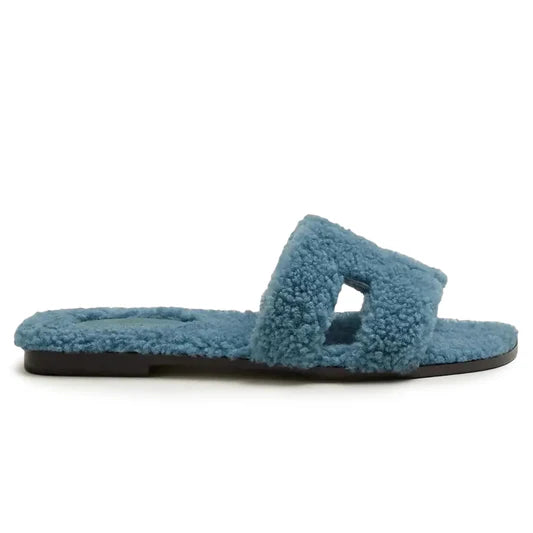 Hermès Paris Oran Blue Shearling Sandals